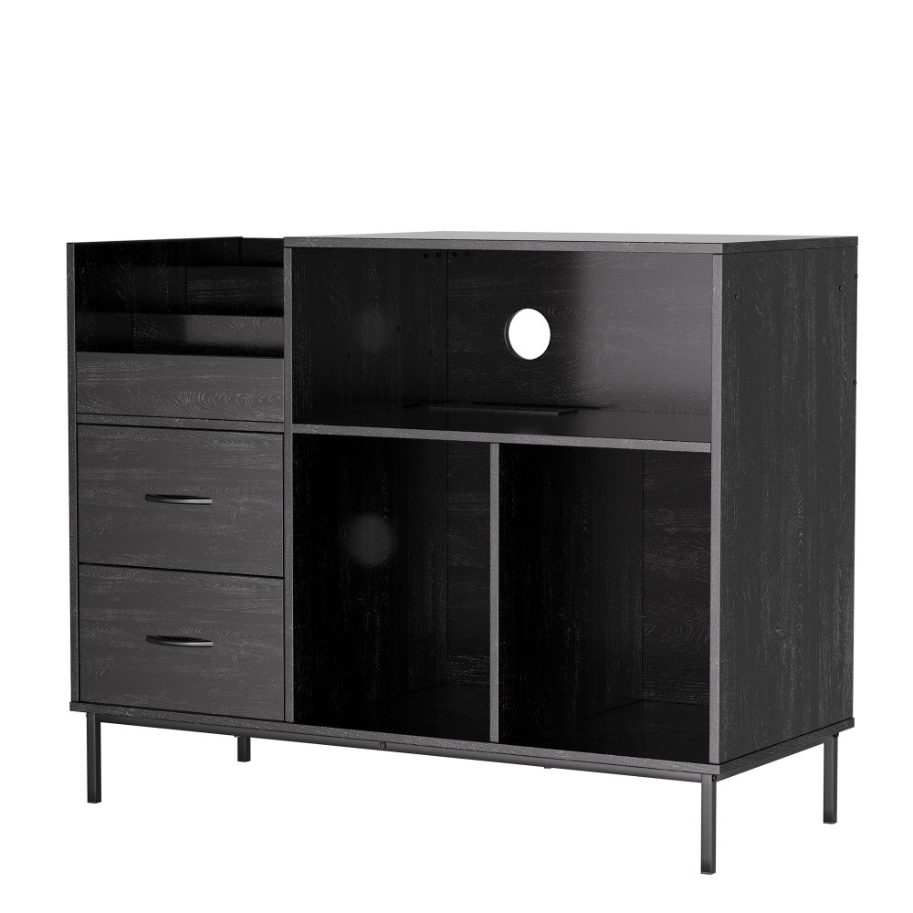 Black Media Console Record Player Stand with Power Outlet & Flip-Down Lid