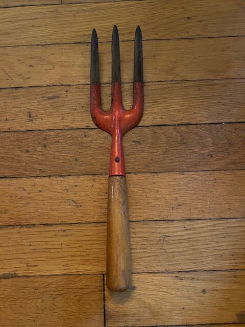 Vintage Orange Garden Fork with wooden handle