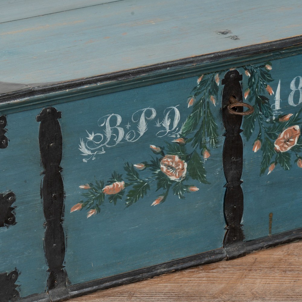 Original Blue Painted Flat Top Trunk dated 1858