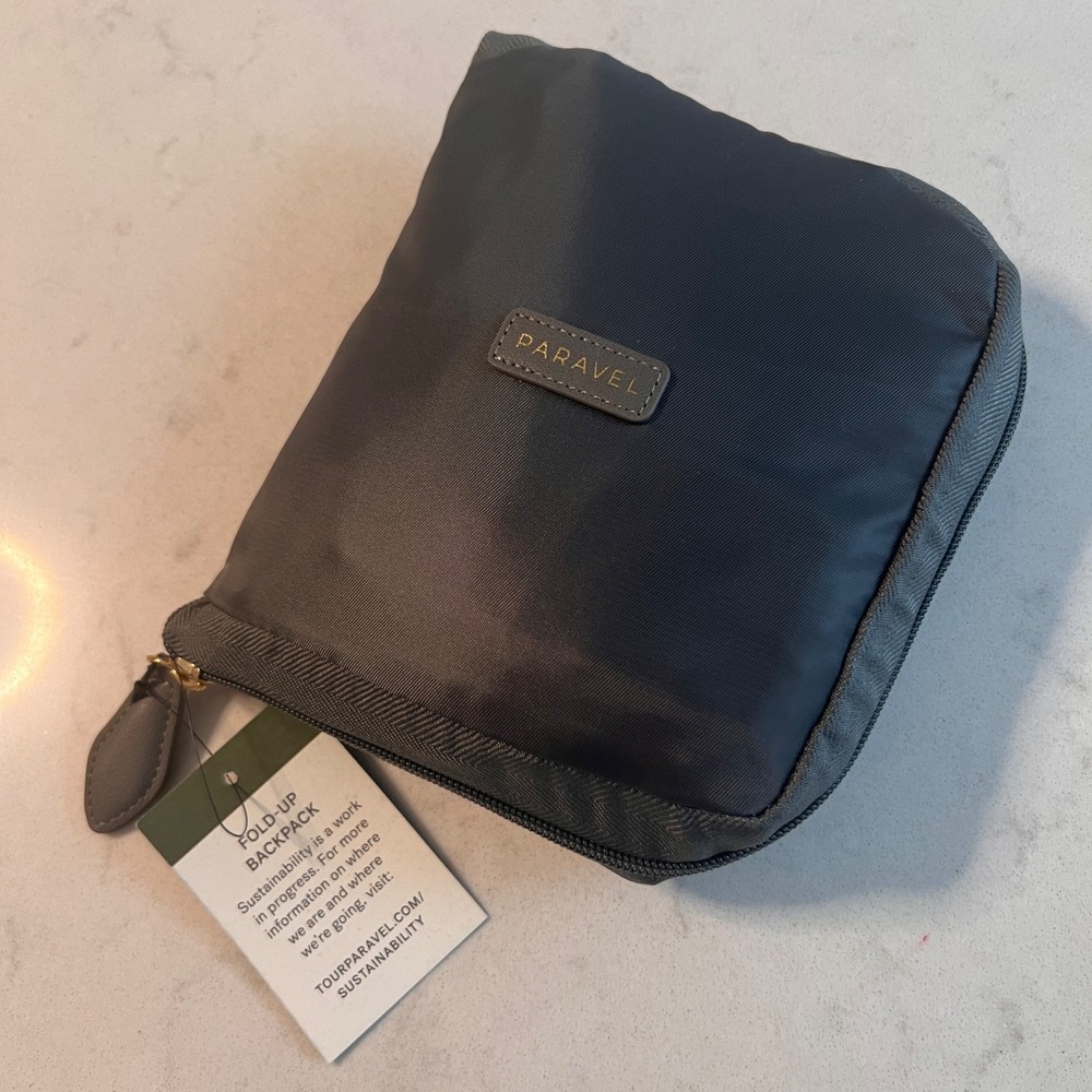 NWT Paravel Foldable Travel Backpack | GRAY w/ White Stripe | Carry On Zips Flat
