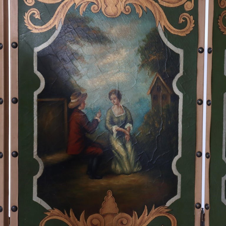 Antique Hand Painted Leather on Board Four Panel Dressing Screen Early 20thC