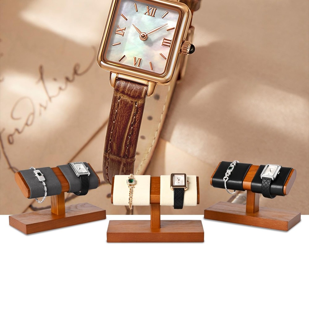 Solid Wood Double Watch Display Stand Watch Bracelet Organizer（Grey）