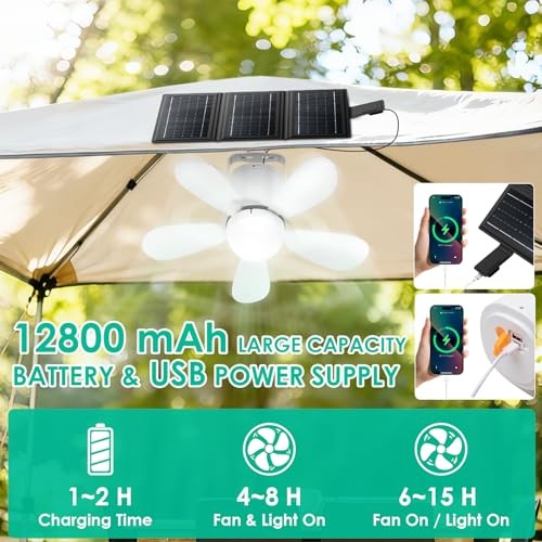 Solar Ceiling Fan Light, Foldable Solar Panel Portable Medium Ceiling Fan