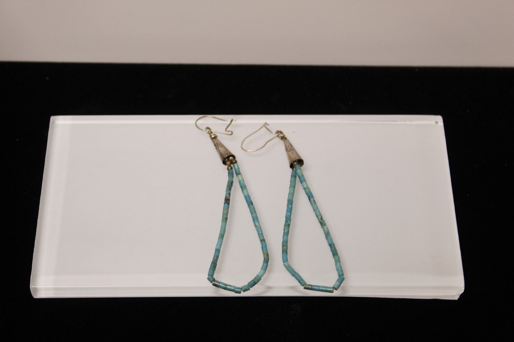Native American SS Turquoise Beaded Drop Earrings (062PID)