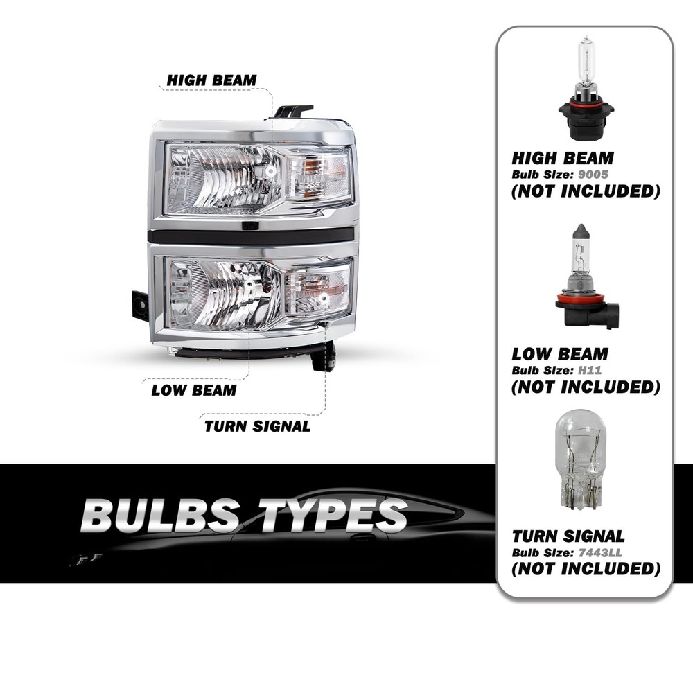 Halogen Headlight for 2014-2015 Chevy Silverado 1500 Chrome Clear Reflector Pair