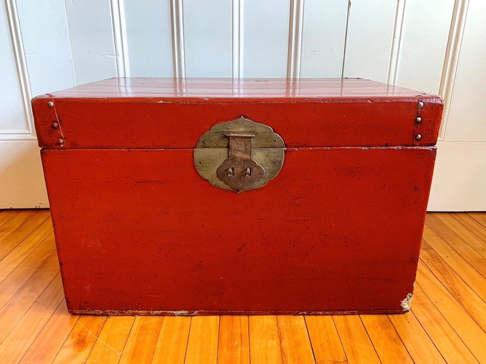 Antique Chinese TRUNK Red Leather