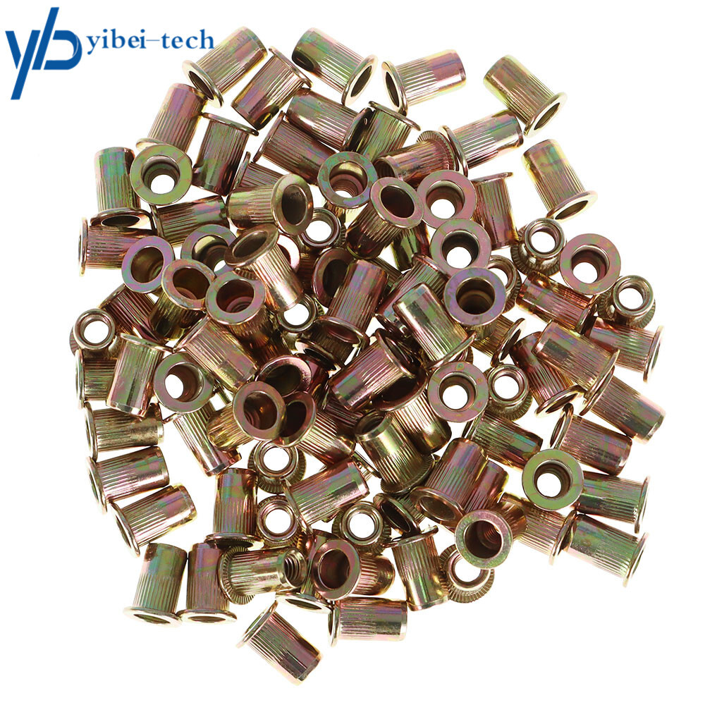 Pack 100 M6 Metric Carbon Steel Rivet Nut Flat Head Threaded Insert Nutsert