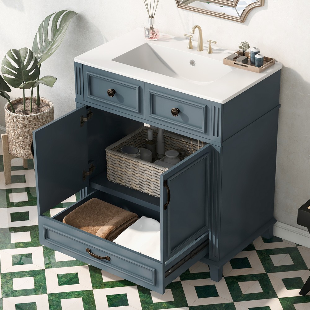 30'' Bathroom Vanity with Ceramic Sink,Solid Wood Frame Bathroom Storage Cabinet