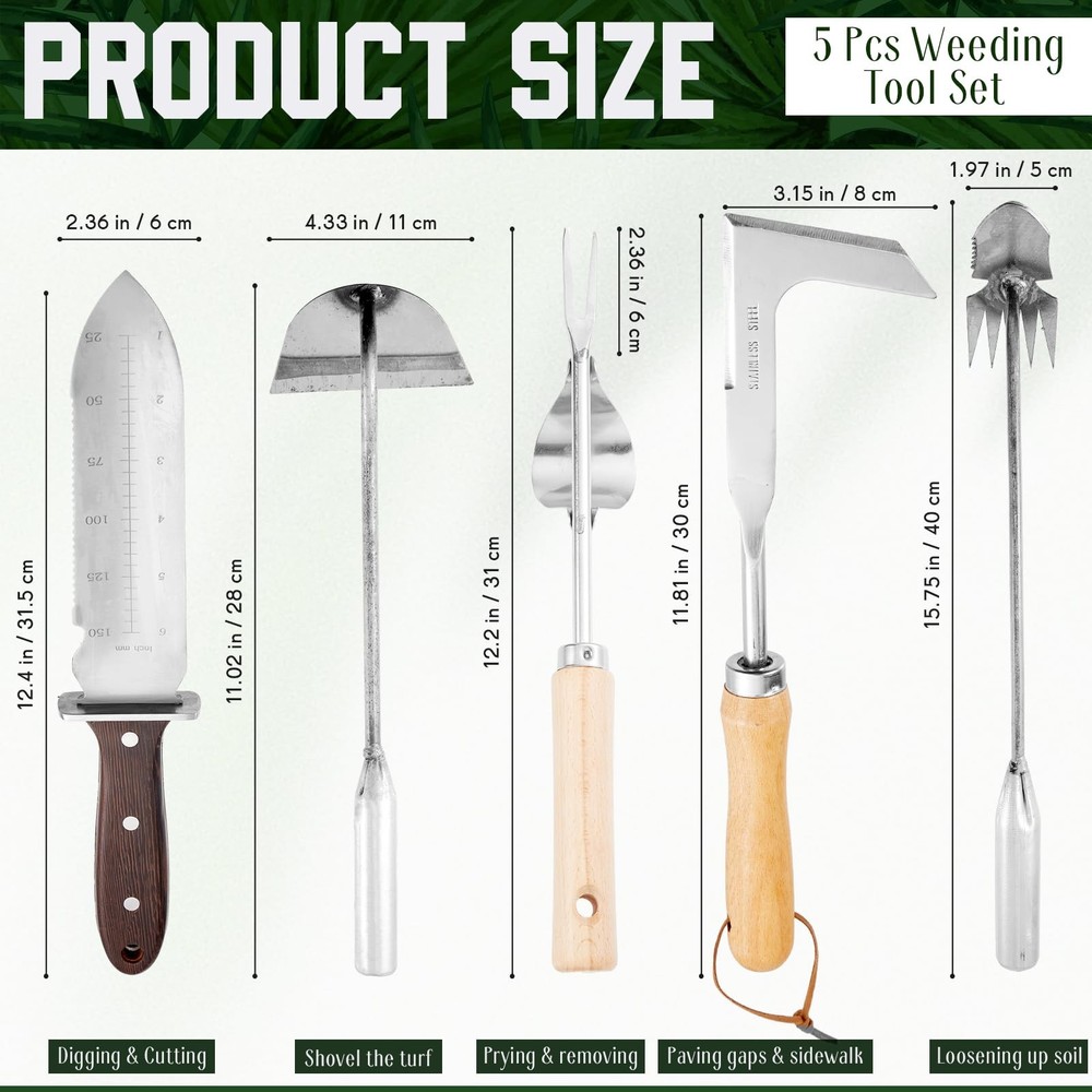 5 Pcs Weed Puller Set Include Hori Weeding Knife Uprooting Crack Weeder Pulle...