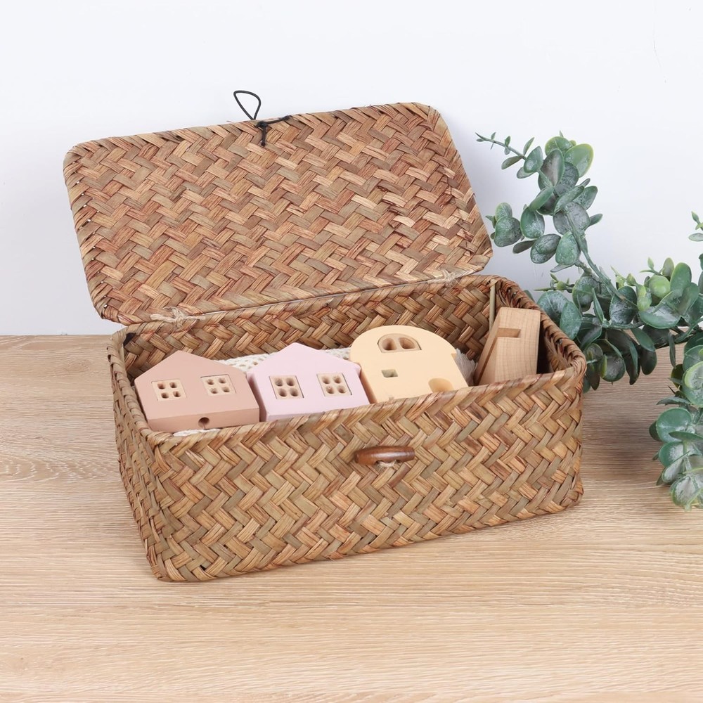 FEIALNDUO Wicker Shelf Baskets with Lid,Seagrass Storage Basket Bins Rectangular