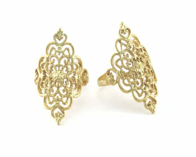Ring Filigree Shape Adjustable Ring Shiny Gold Plated Brass Statement Women