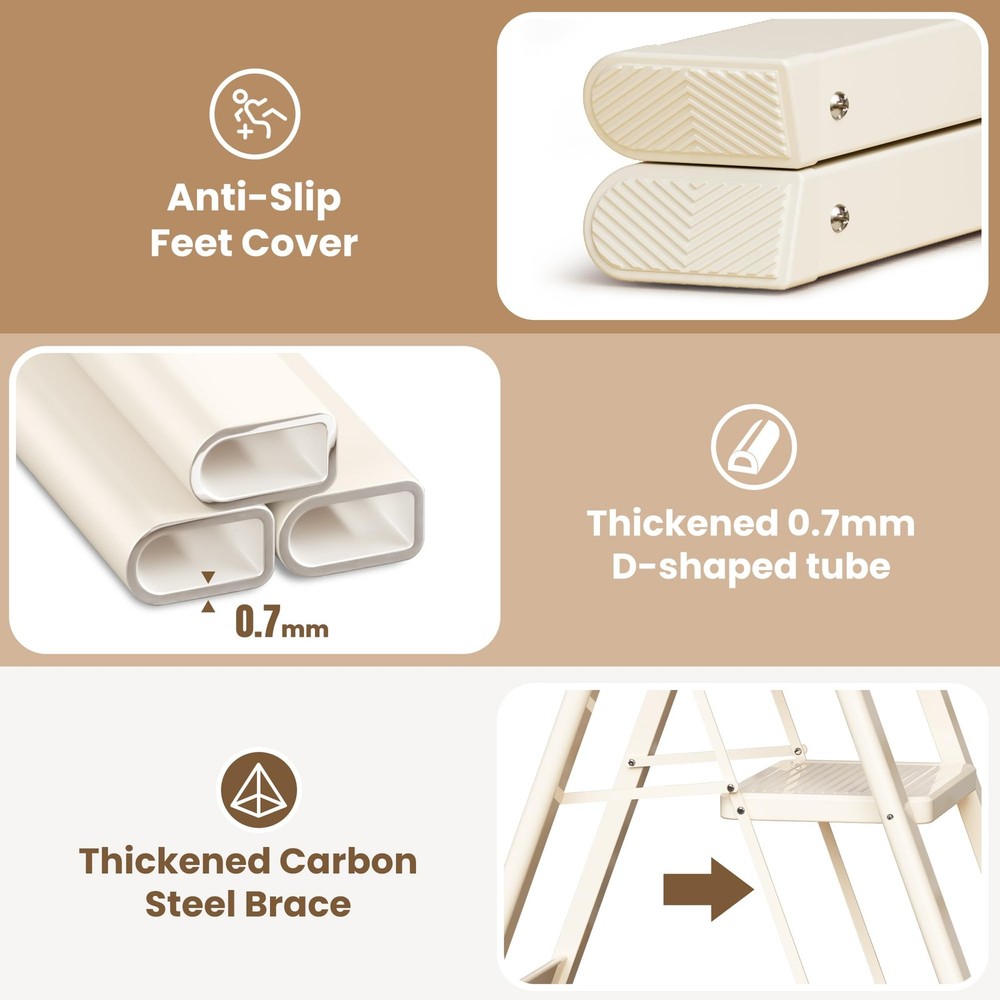 GameGem 2 Step Ladder Folding Stool with Wide 2 STEP, Cream White