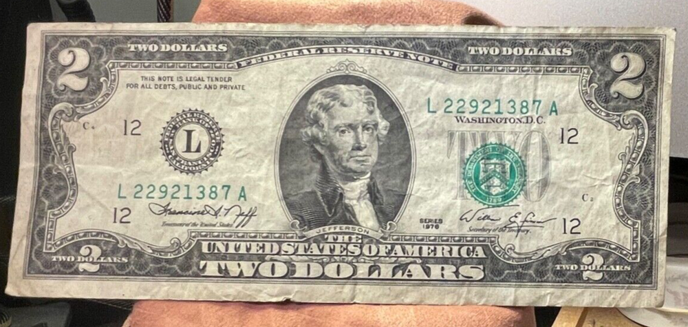 1976 $2 Dollar Bill Error (Miscut/Misaligned) L 22921387 A Rare-Front & Back