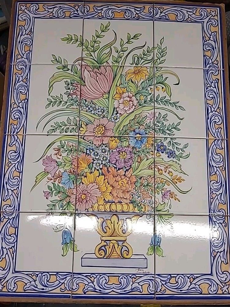 Hand Painted Tile Mural Floral 18"x24"