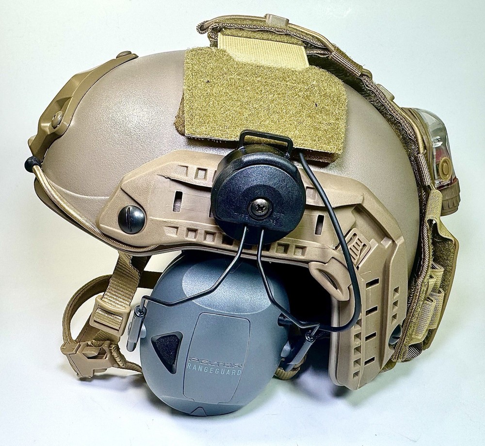 Ops-Core Style Bump Helmet w/ Peltor RangeGuard Ear Pro Setup Tan