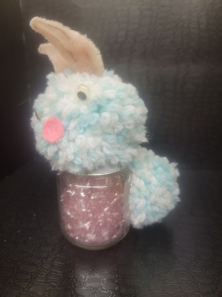 Vintage Handmade Pompom Bunny Glass Jar Easter Decor