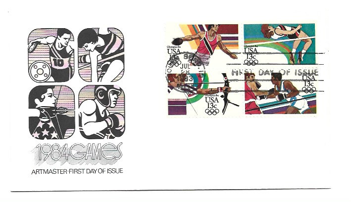 2048-51 13c Summer Olympics Artmaster, block of 4, FDC