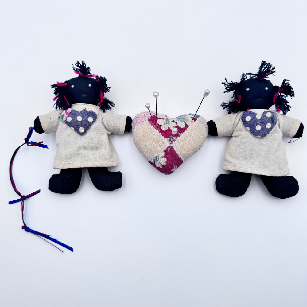Black Handmade Pincushion Dolls Pair Holding Heart