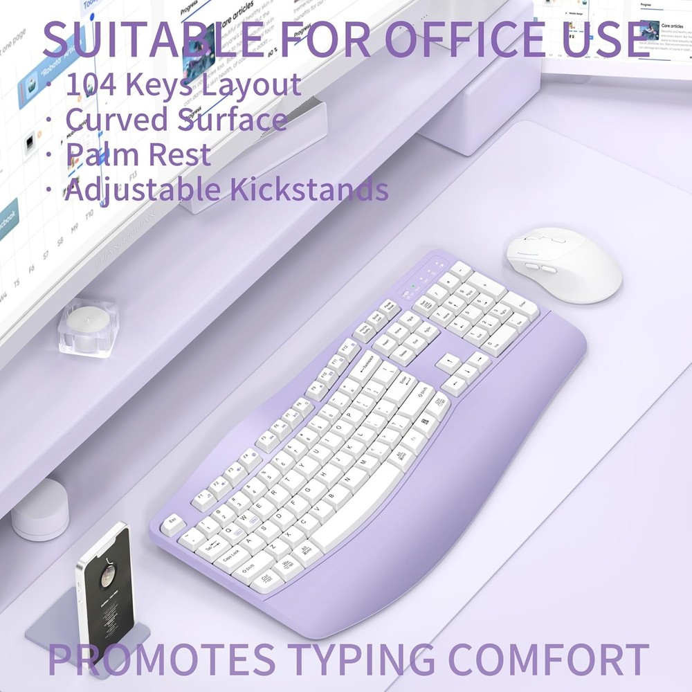 Ergonomic Wireless Keyboard Silent Mouse Combo Wave Keys Wrist Rest Plug & play