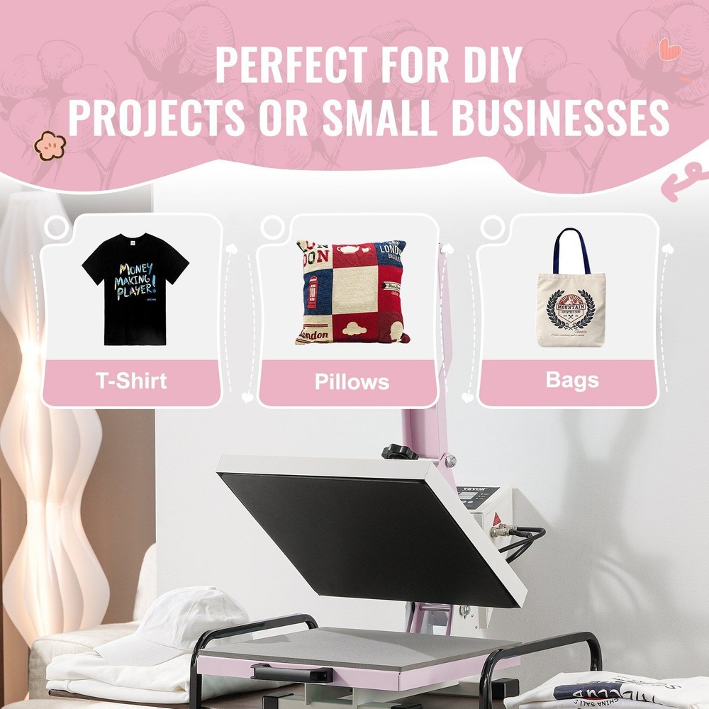 15x15in Slide Out Heat Press Machine - Pink & Adjustable Temperature