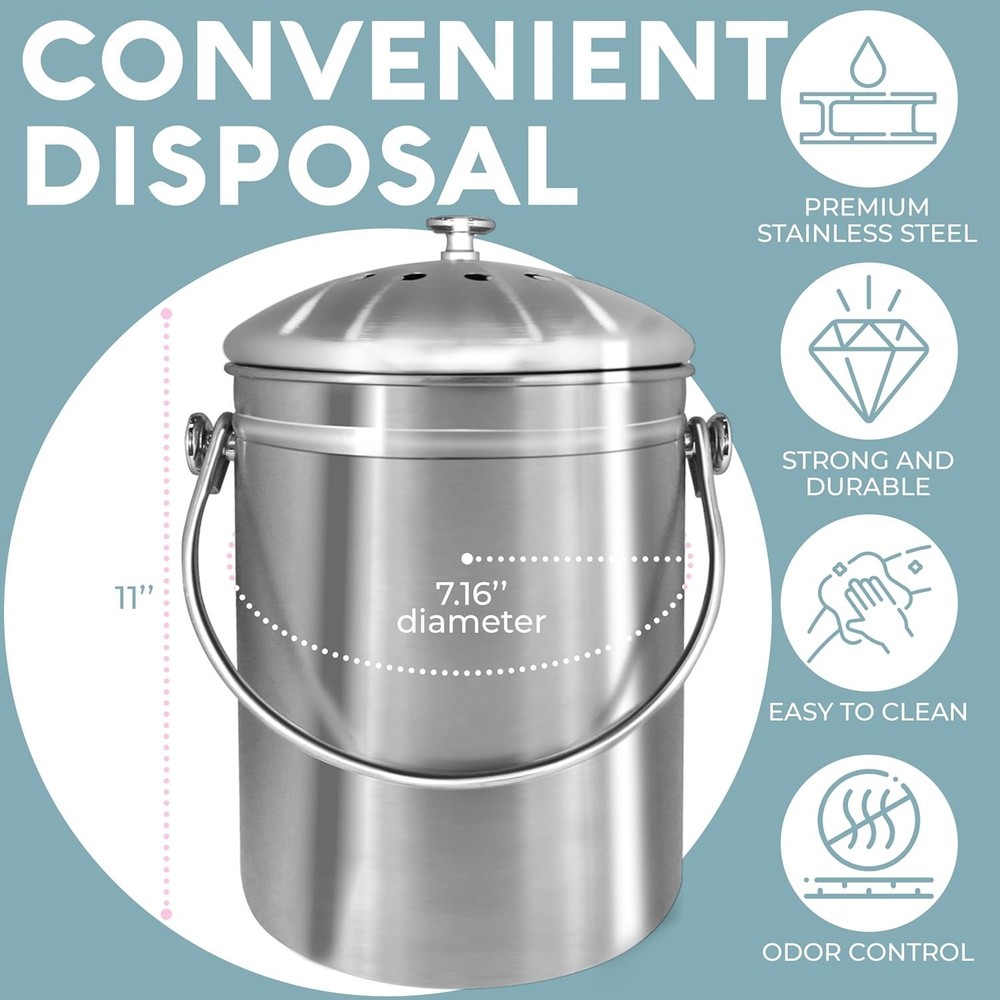 Sleek Stainless Steel Kitchen Compost Bin - Effective Odor Control & Easy Clean