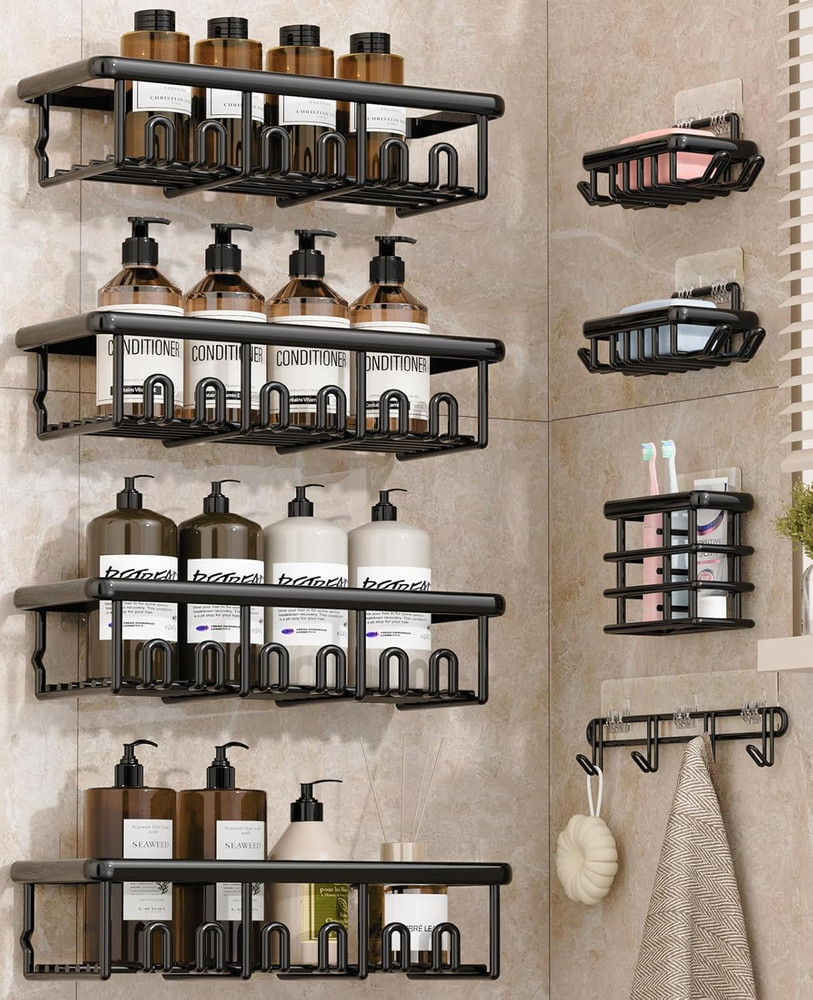 8 Pack Adhesive Rustproof Shower Caddy with Soap Dishes, Toothbrush Holder & Hoo