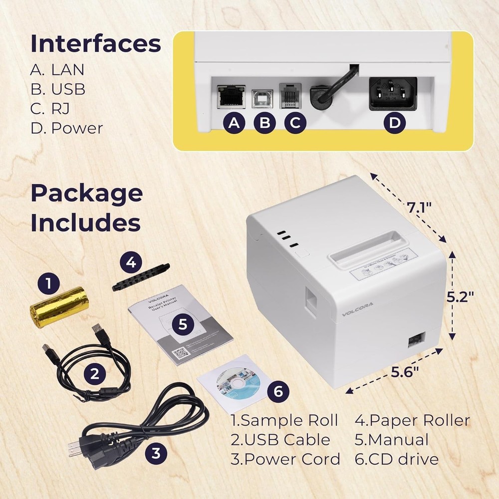 Thermal Receipt Printer, 80mm POS Printer w/Auto Cutter, USB/Ethernet Interface