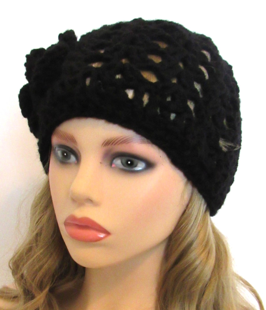 BOHO BEANIE HAT CAP SOLID BLACK OPEN WEAVE MESH HANDMADE CROCHET WITH FLOWER