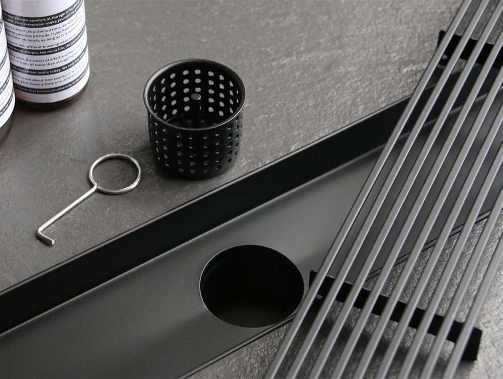 Matte Black 32 Inch Linear Shower Drain with Removable Wedge Wire Pattern Grate