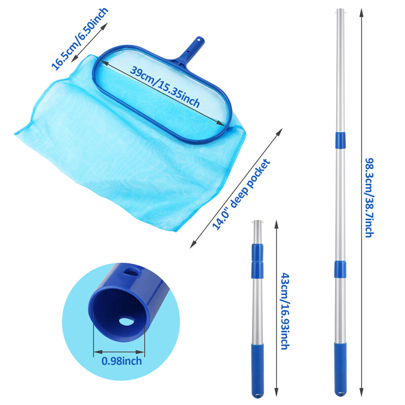 Swimming Pool Leaf Skimmer Net, with Telescopic Pole Flat Deep Fine Mesh Netting
