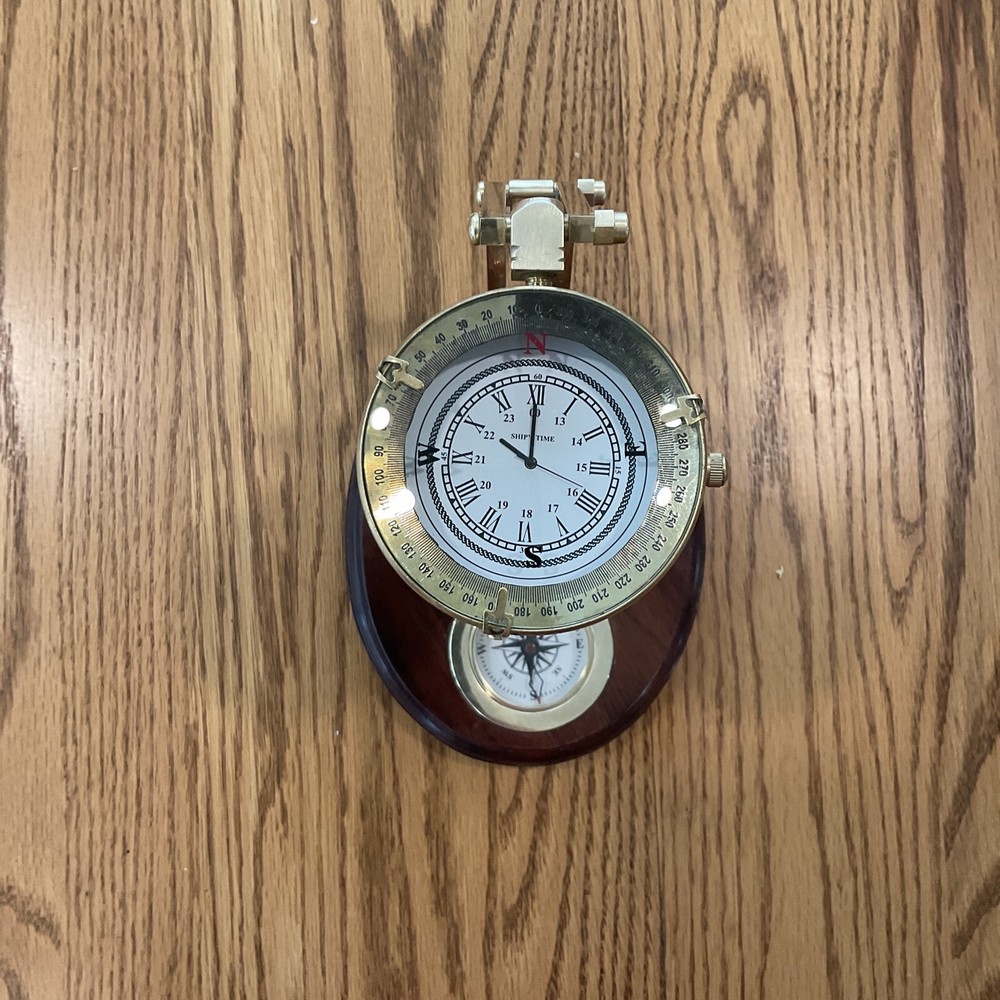 Antique Brass movable Desktop Tabletop Nautical Marine Clock w/ Compass Spencer