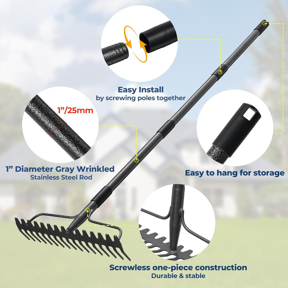 49" Rake - 17" Extra Wide Garden Tool with Double-Sided Head, Heavy Duty Lightwe