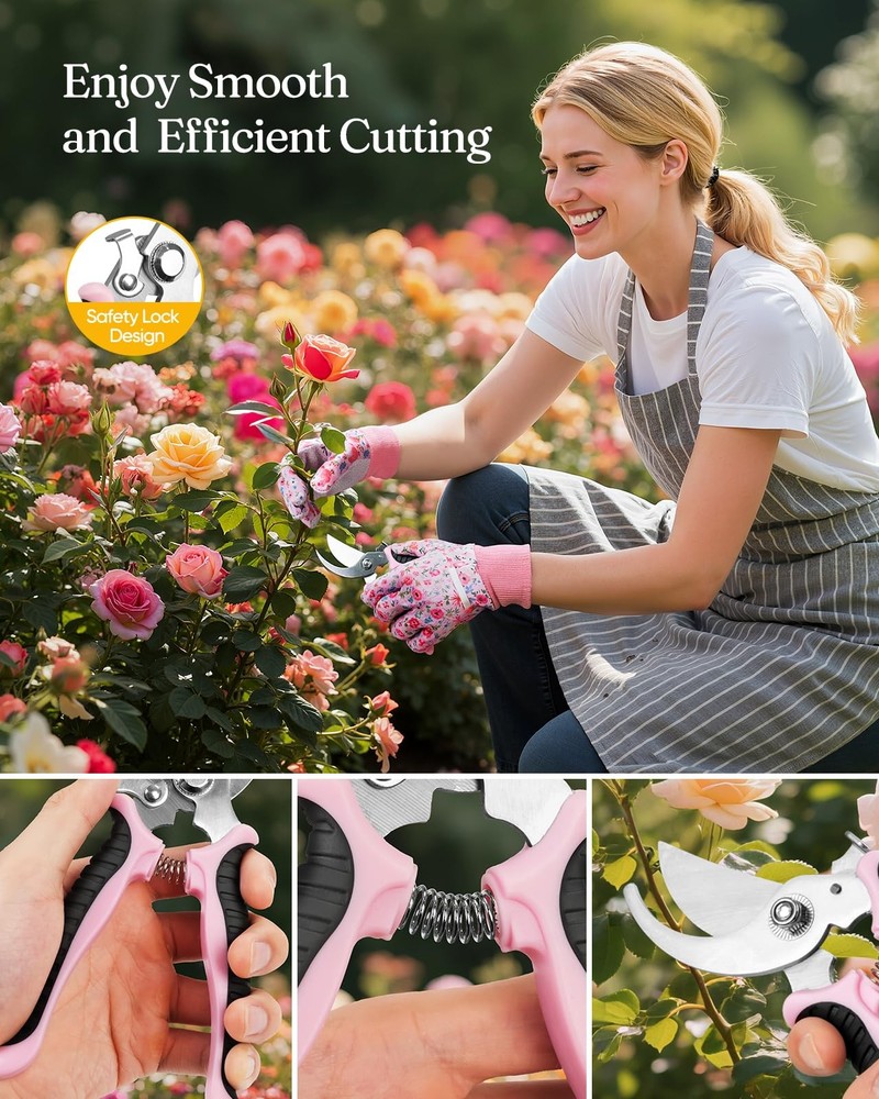 Grenebo 12-Piece Womens Gardening Tools Gift Set, Rust-Proof & Pink