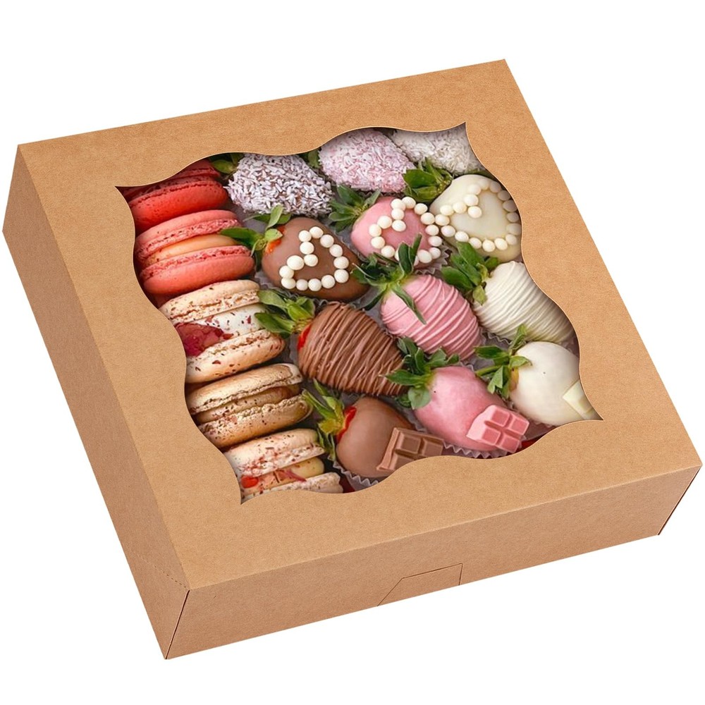 25 PCS Brown Bakery Boxes Window 12x12x3 Inch Auto Pop Up Pie Container