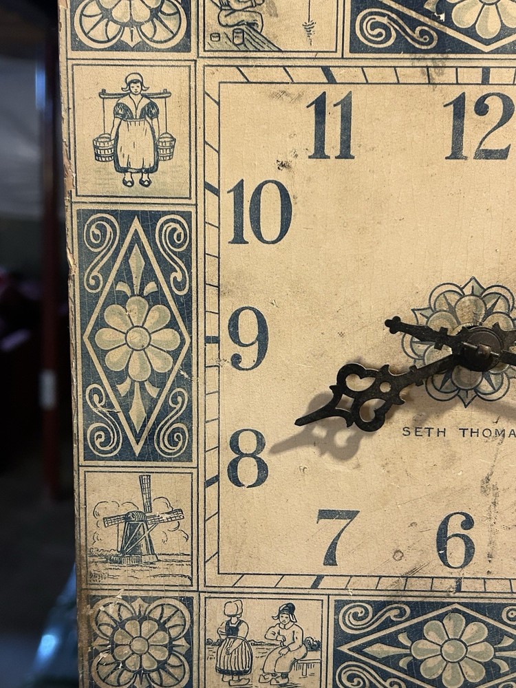 Vintage Seth Thomas Wood Delft Blue Wall Clock- Runs