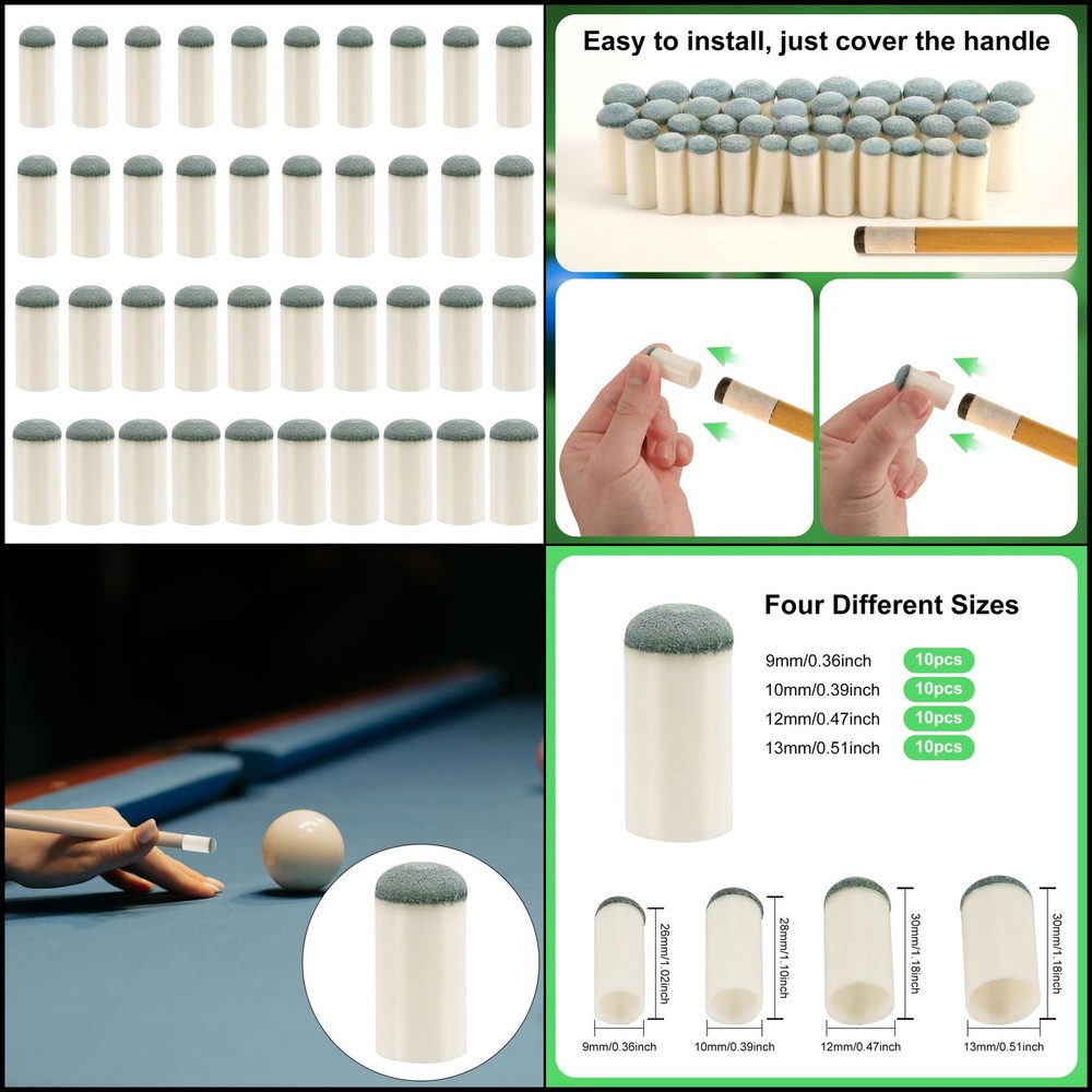40Pcs Slip on Pool Cue Tips - 4 Sizes, No Glue or Tool Required.
