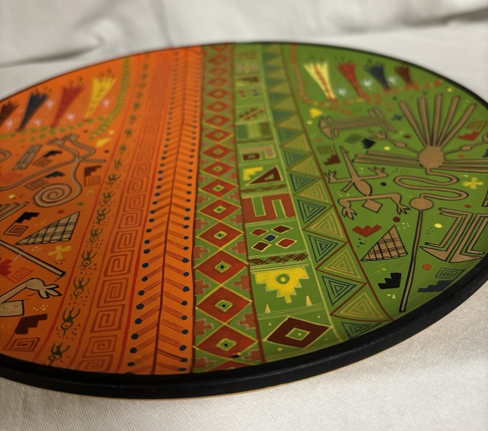 Decorative Wooden Peruvian Plate, Handpainted, 9" Diameter