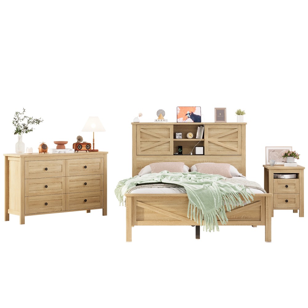 Full Platform Bed Set w/Storage Headboard & Charging Nightstand Dresser