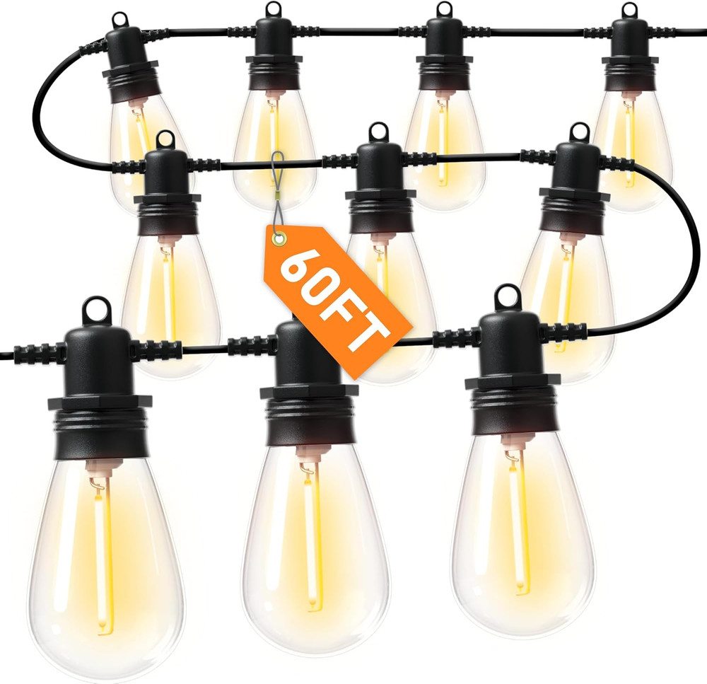 60FT LED Outdoor String Lights with 16+1 Edison Shatterproof IP65 Waterproof Bul