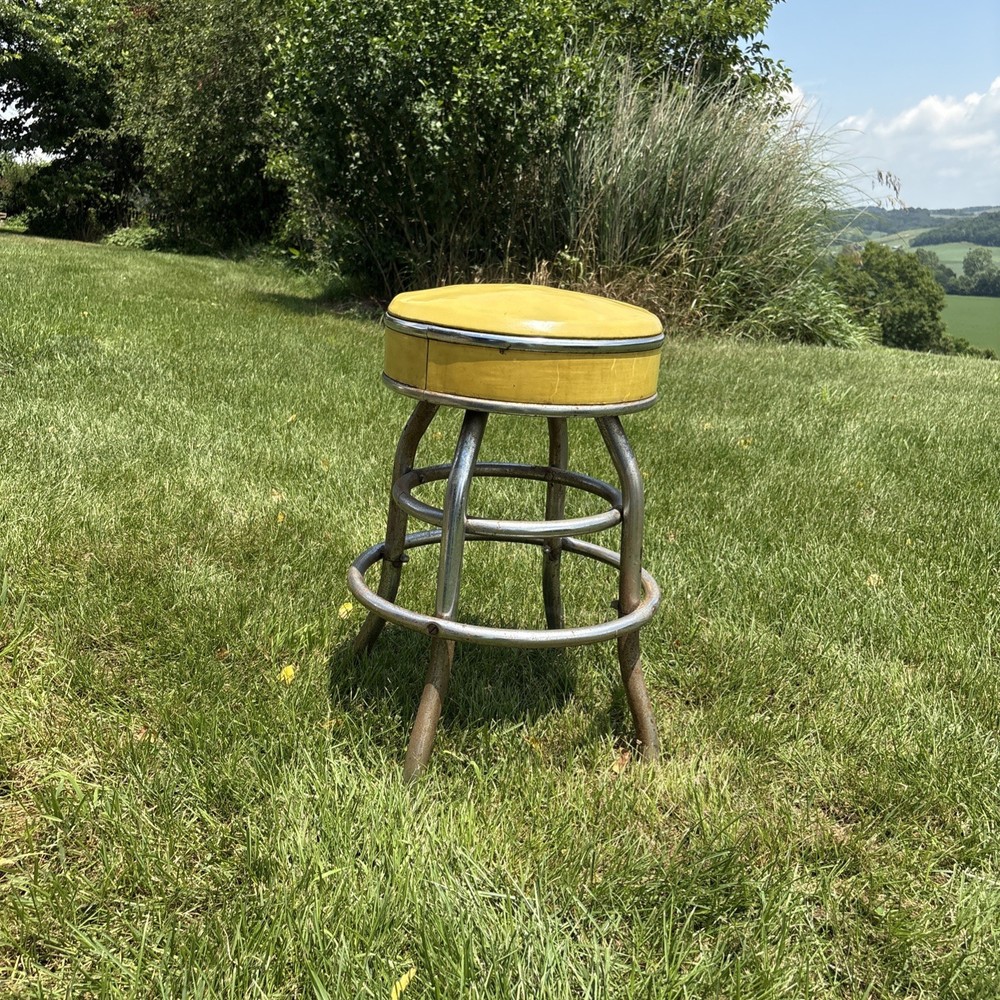 Vintage Yellow Bar/Kitchen Stool Drafting Chrome Legs Foot Bars