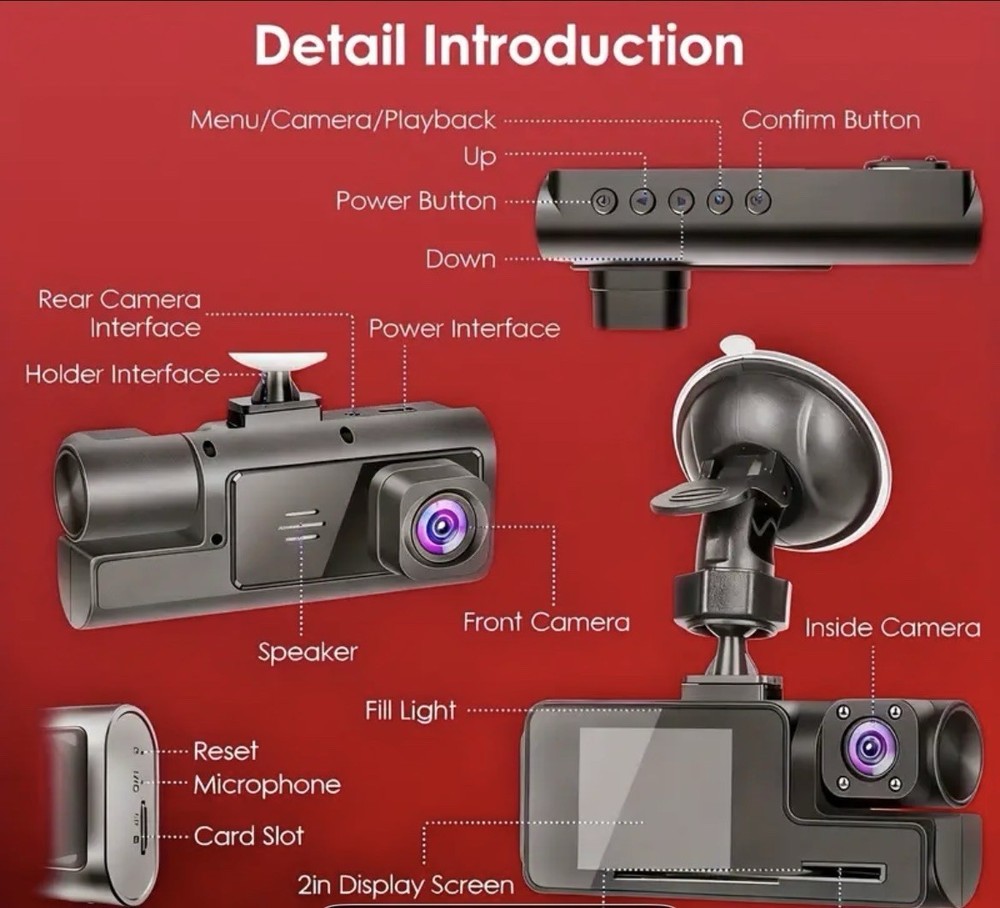 1080P Triple Dash Cam Front Rear Inside | 170° Wide Angle | 32GB G-Sensor