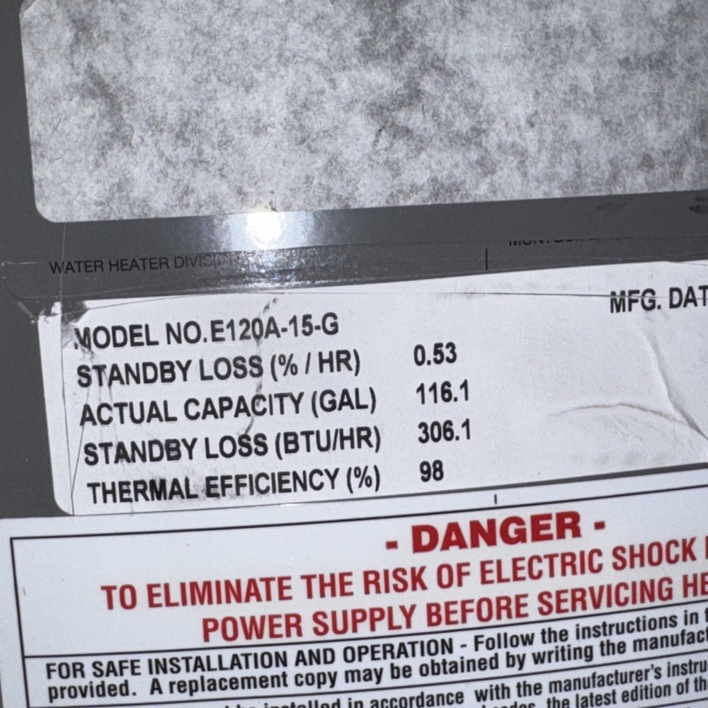 Rheem E120A-15-G 3PH Water Heater Electric 120 Gallon