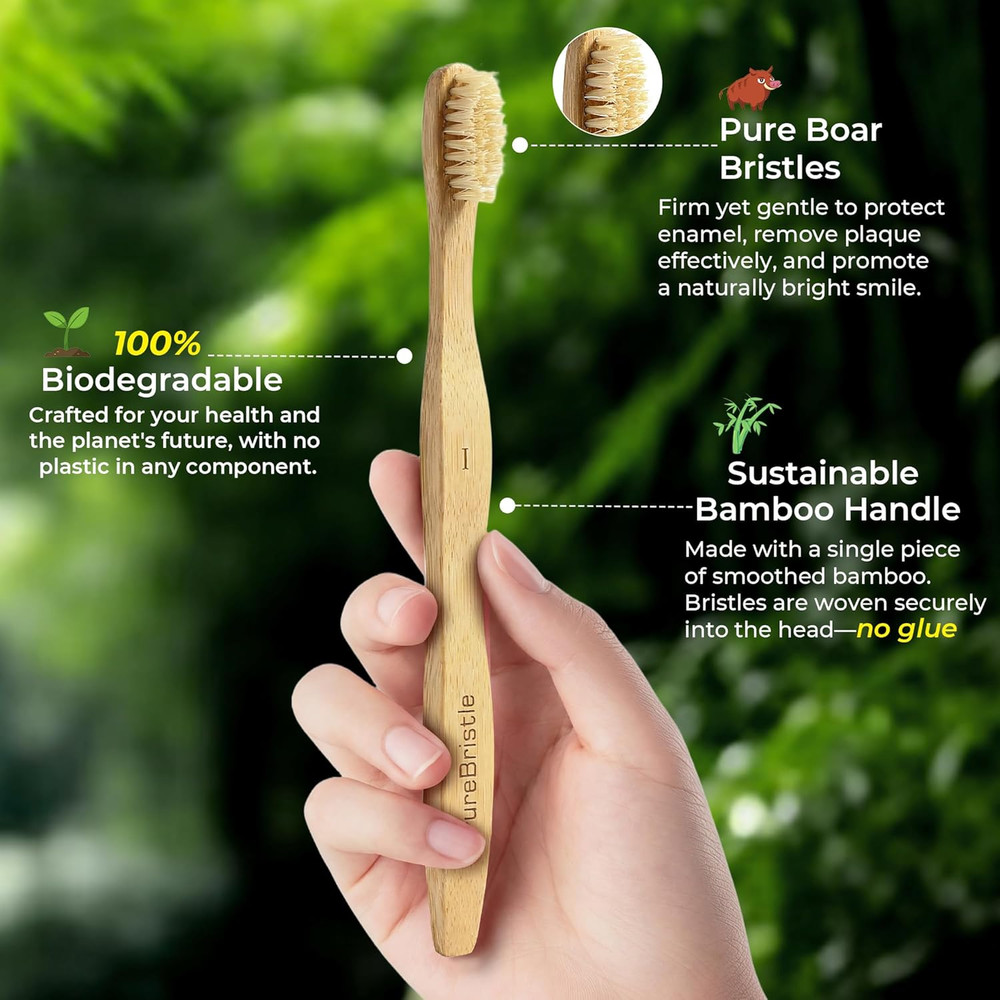 Boar Bristle Bamboo Toothbrushes 4-Pack, 100% Biodegradable Plastic Nylon Free,
