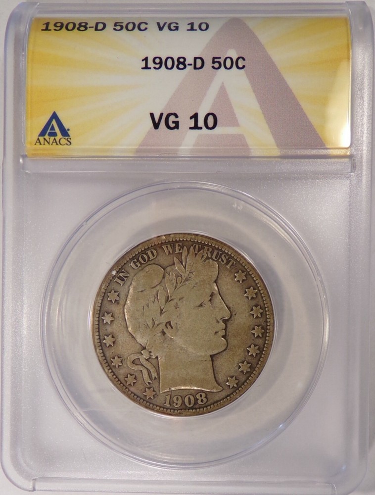 1908-D Barber Half  50c ANACS Good VG 10