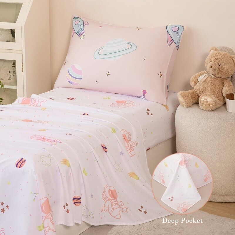 Toddler Bedding Set 4 Piece Space Theme Comforter Sheets Astronaut Planets Kids