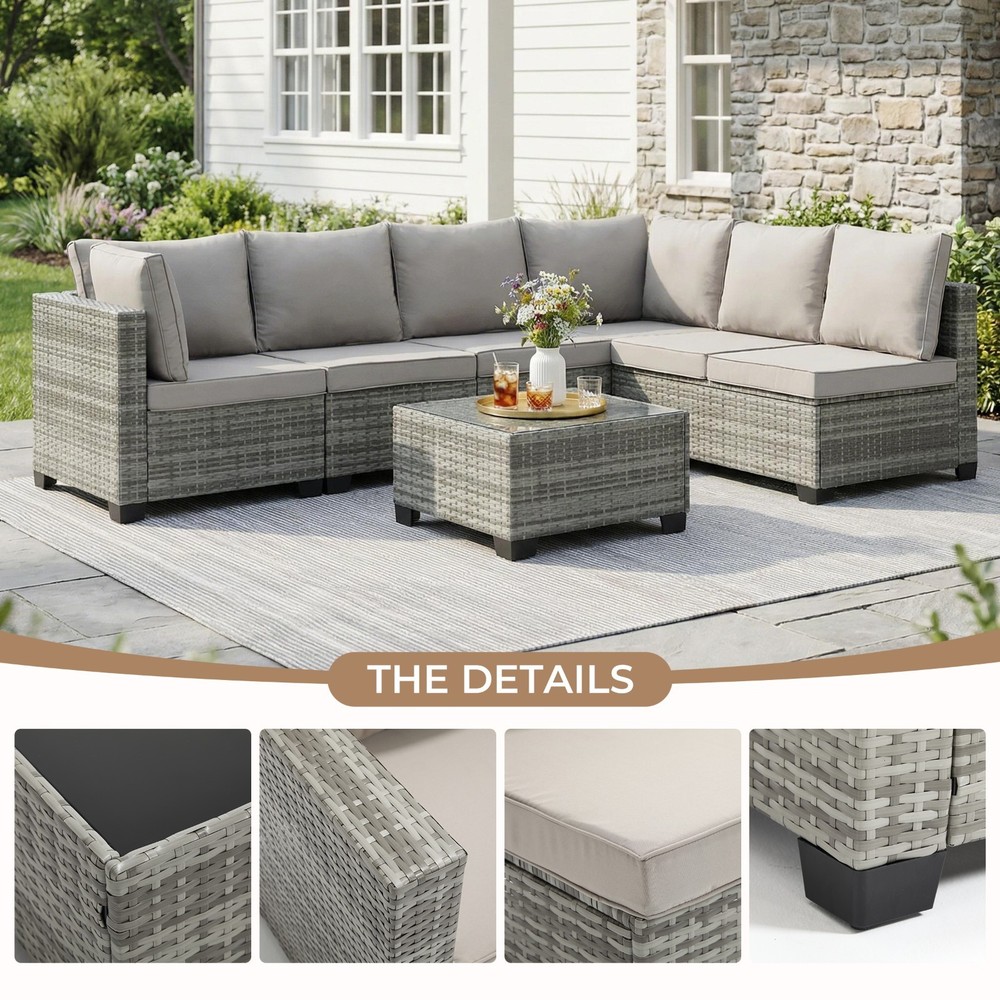 7 PCS Patio Set Wicker Sofa Sectional with Glass Table for Backyard Deck 6 Seat