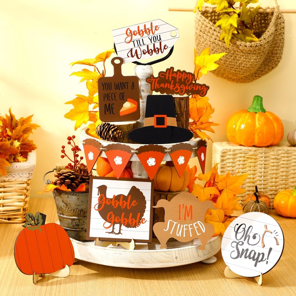 19 Pcs Fall Tiered Tray Decor Set Thanksgiving Decorations Pumpkin Maple Leaf...