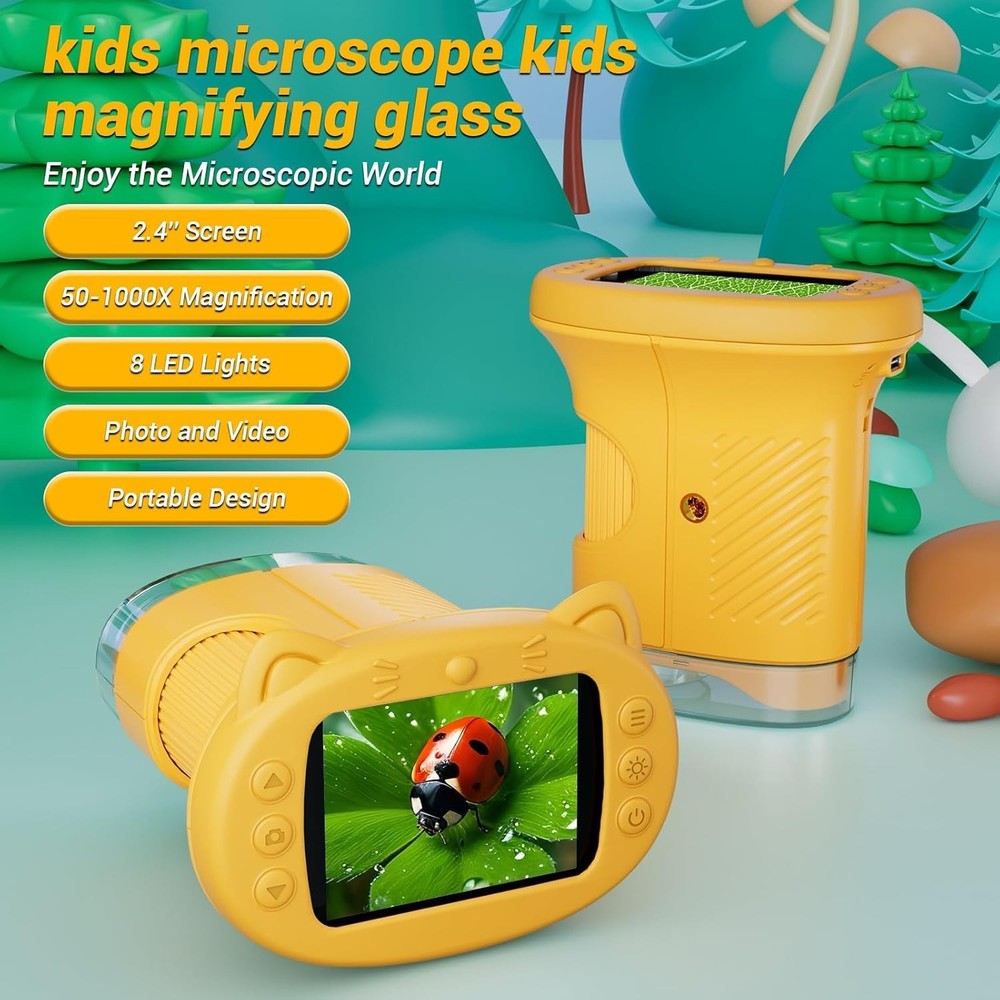 Kids Microscope, 1000X Portable Mini Pocket Microscope with 2.4″ IPS Screen & 8