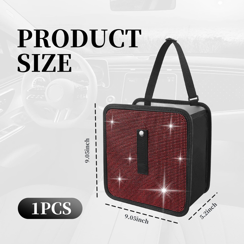 Red Bling Car Trash Can Rhinestones Foldable Hanging Garbage Organizer Auto