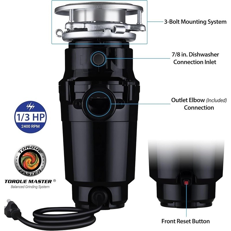 1/3 HP Garbage Disposal Continuous Feed 3-Bolt Mount Torque Master System New